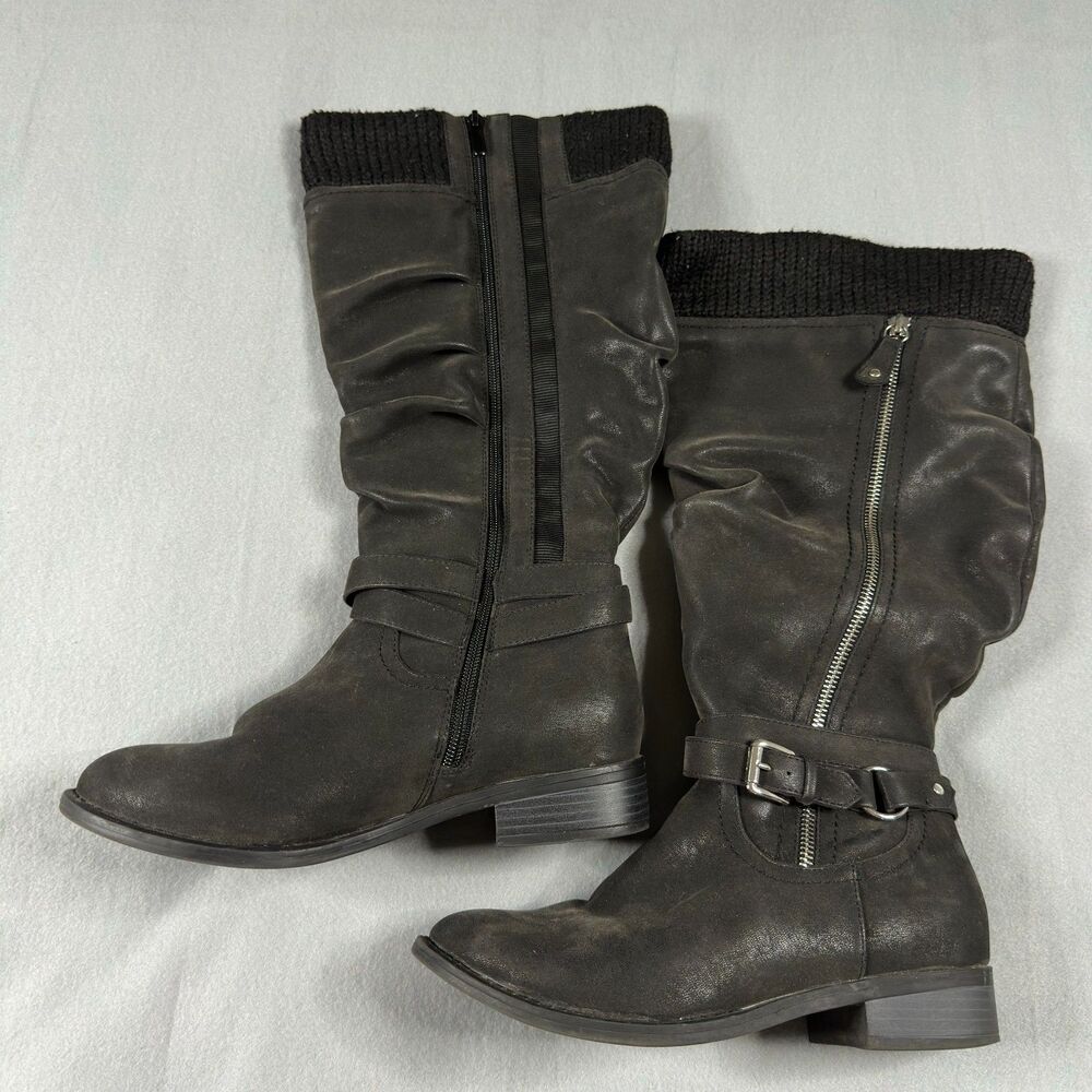 Torrid Women's Black Knee High Boots Size 8WW Wide Width Knit Cuff Buckle Moto